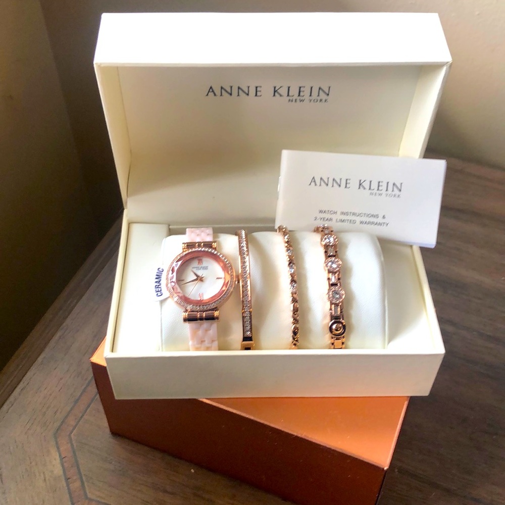 Anne Klein 32mm Rose Gold Watch and Bracelet Set